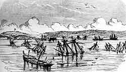 Затопление русских кораблей после падения Севастополя. Французская гравюра, 1855 г.