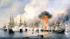Синопское сражение 18 ноября 1853 года. В течение нескольких часов турецкий флот был превращен в груду обломков. Картина Алексея Боголюбова
